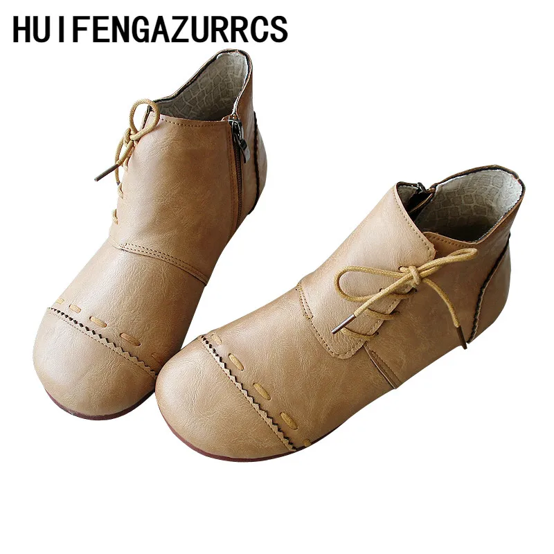 

HUIFENGAZURRCS-Autumn women's boots,round-headed hand-made Martin boots,comfortable flat-bottomed student short casual boots