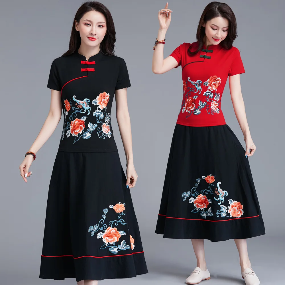 

Set Summer Ethnic-Style Frog Industrial Embroidery Flower Large Size T-shirt Women's Classical Medium-length Dress Cotton Linen