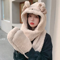 шапка New Korean Lovely Lamb Wool Plush Hat Scarf Three Piece Set Fashionable Winter Warm Thickened Simple One-piece Cap