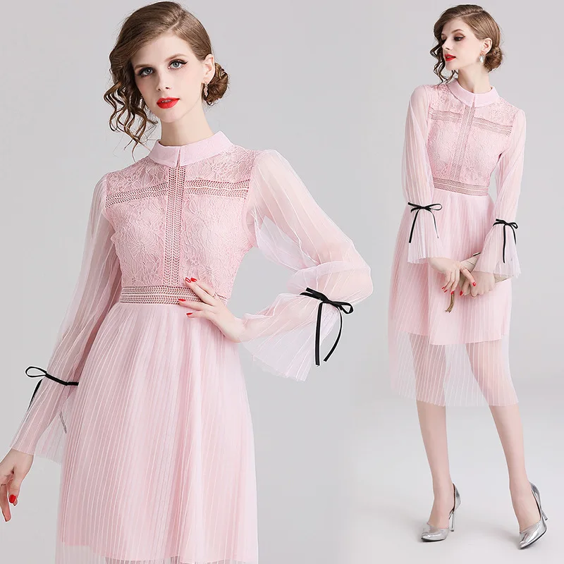

Ozhouzhan 2019 New Style Fashion Lace Hollow out Crochet Pleated Gauze Joint Mid-length Fairy Skirt Hot Selling