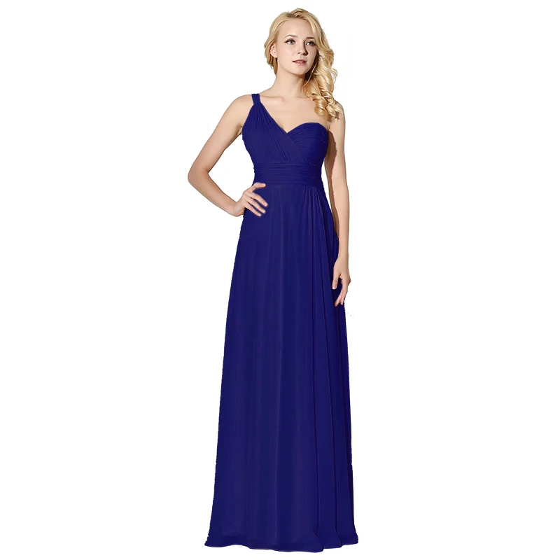 A-Line Floor-Length V-Neck One-Shoulder Elegant Long Bridesmaid Dresses - Цвет: Синий