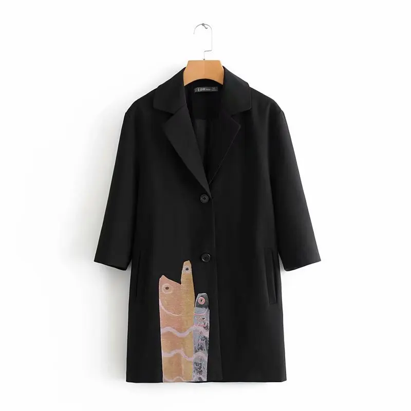 

2018 Europe And America New Style Autumn Clothing Cartoon by Age Slimming Coat Loose-Fit Black And White with Pattern Mid-length
