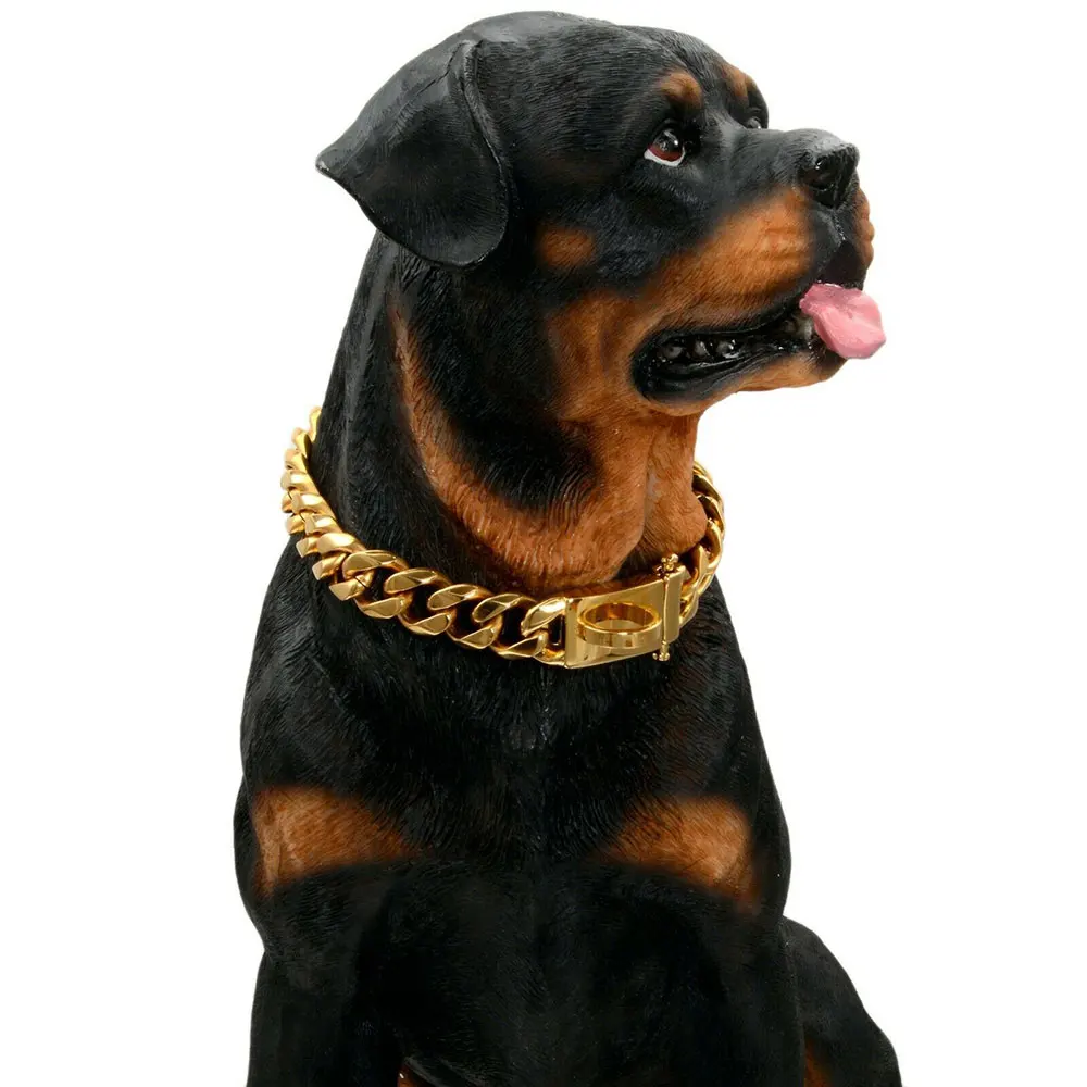 

15MM Wide 18K Gold Plated Training Dog Collars P Chain Adjustment Pet Stainless Steel Metal Necklace For Medium Large Dogs