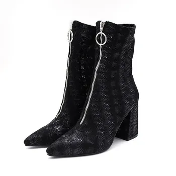 

Summer Breathable Stretch Fabric Ankle Boots Pointed Toe Front Zipper Plus Size Women Shoes Fashion Square heel Zapatillas Mujer