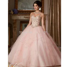 

Blush Pink Quinceanera Dresses Ball Gown Spaghetti Straps Tulle Sequins Beaded Crystals Cheap Sweet 16 Dresses HWF054