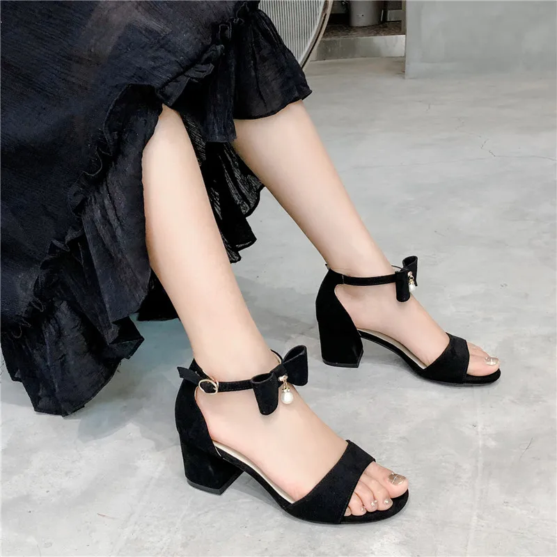 

Fashion Black Pink Block High Heel Bow Sandals Butterfly-knot Bead Ankle Strap Cover Heel Womens Sandals Shoes Plus Size