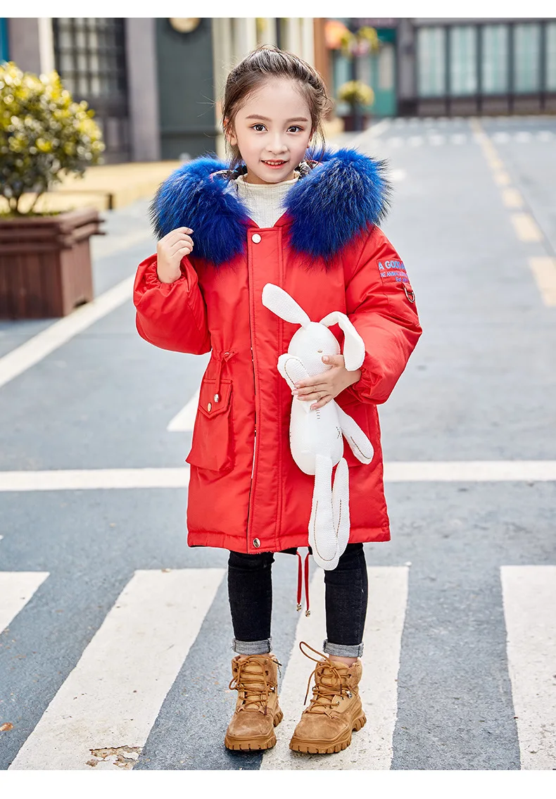 Пуховик для девочки Детская зимняя куртка для девочек, Двусторонний пуховик, модная синяя парка с меховым капюшоном для девочек, длинное пальто с буквенным принтом