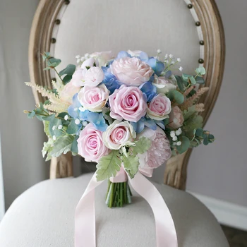

Pink Blue Flower Bridal Bouquets 2020 Rose Hydrangea Home Decoration Artificial Bride Holding Brooch Bouquet Bride Flowers