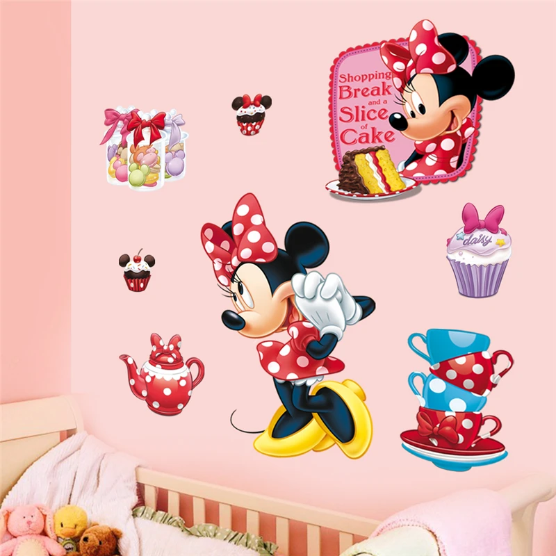 Disney Cartoon Minnie Mouse A Slice Of Cake Wall Decals Kids Rooms Wall Stickers Pvc Mural Art DIY Posters Home Decal