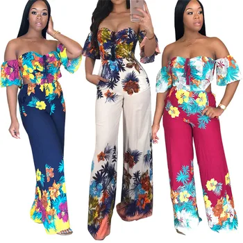 

Women Sexy Jumpsuit Floral Print Slash Neck Off Shoulder Bandage Lace Up Hollow Out Lady Rompers Long Wide Legs Pants Streetwear