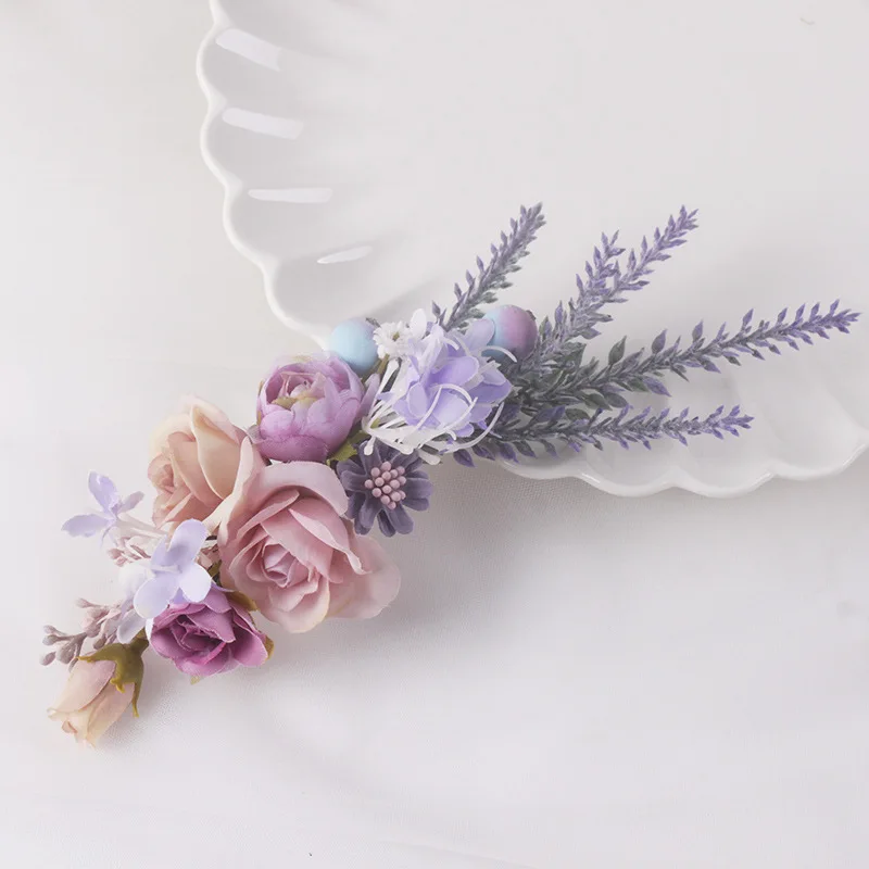 INS Bride Lavender Artificial Flower Hair Clip Handmade Romantic Bridesmaid Hairclips Hair Accessories Korean Wedding Headpiece yo cho purple bridesmaid wrist flowers handmade wedding corsages and boutonnieres brooch artificial rose bride groom boutonniere