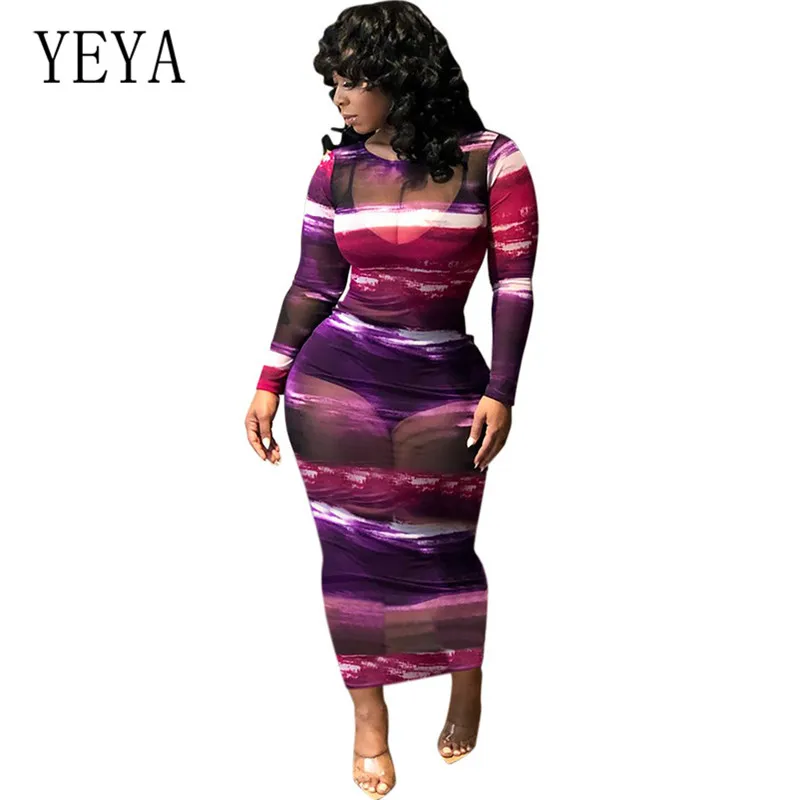 

YEYA New Arrivals Perspective Mesh Vintage Printing Bodycon Maxi Dress Long Sleeve Bandage See Through Women Elegant Party Dress