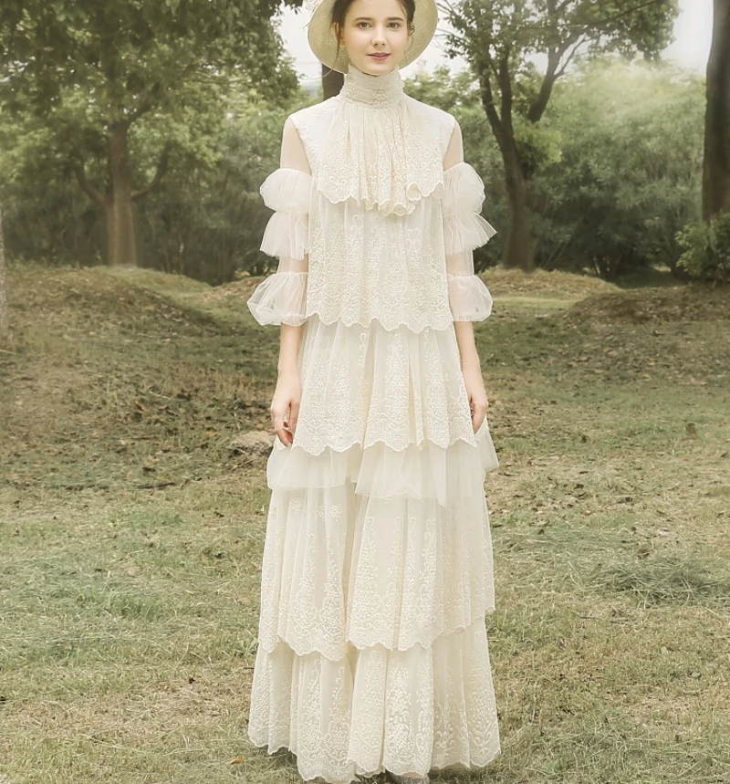 

#1097 элегантное простое винтажное платье-трапеция в пол с длинным рукавом и высоким воротом в богемном стиле Многоярусное свадебное платье свадебные платья