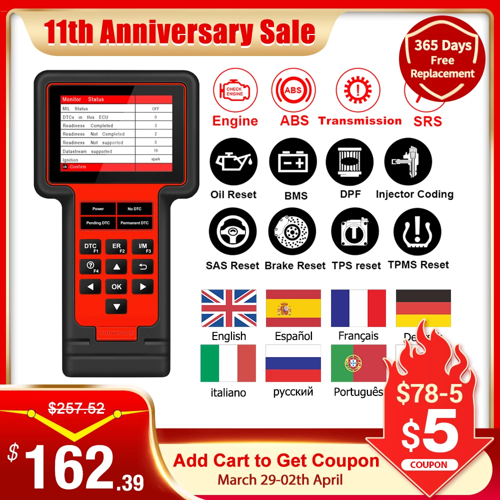 - Thinkcar TS609 OBD2 Scanner Engine ABS SRS Transmission Diagnostic Tool ThinkScan 609 Code Reader Scanner With 8 Reset Function