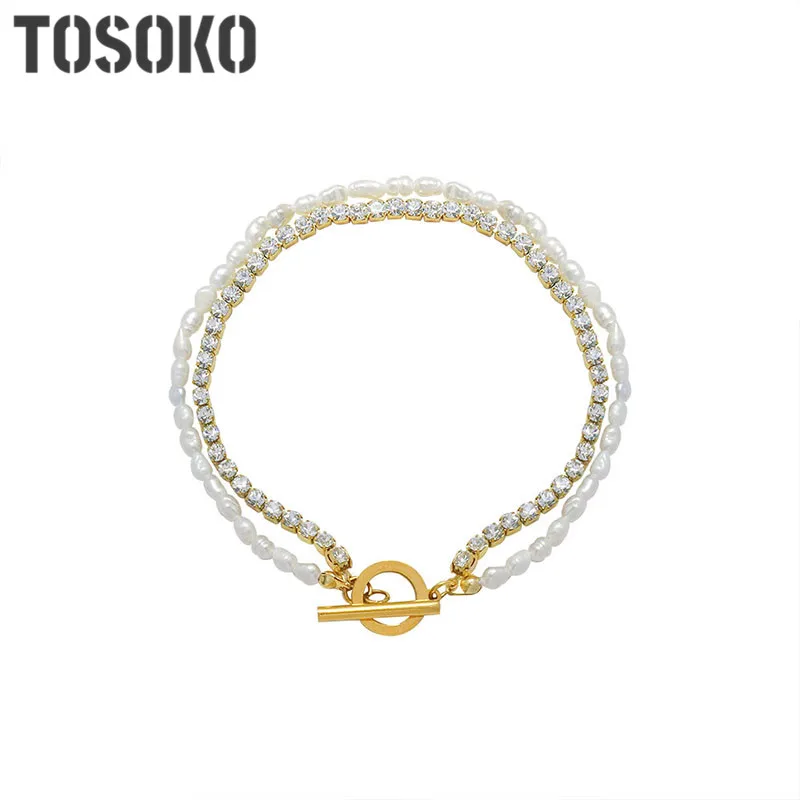 

TOSOKO Stainless Steel Jewelry Double layer chain freshwater pearl Zircon Bracelet women's Fashion Bracelet BSE286