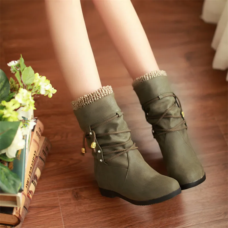 Meotina Autumn Mid Calf Boots Women Boots Crystal Slip on Flat Boots Pleated Round Toe Shoes Ladies Winter Green Plus Size 33-43