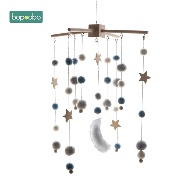 Bopoobo 1set Silicone Beads Baby Mobile Beech Wood Bird Rattles Wool Balls Kid Room Bed Hanging Decor Nursing Children Products Blue Star