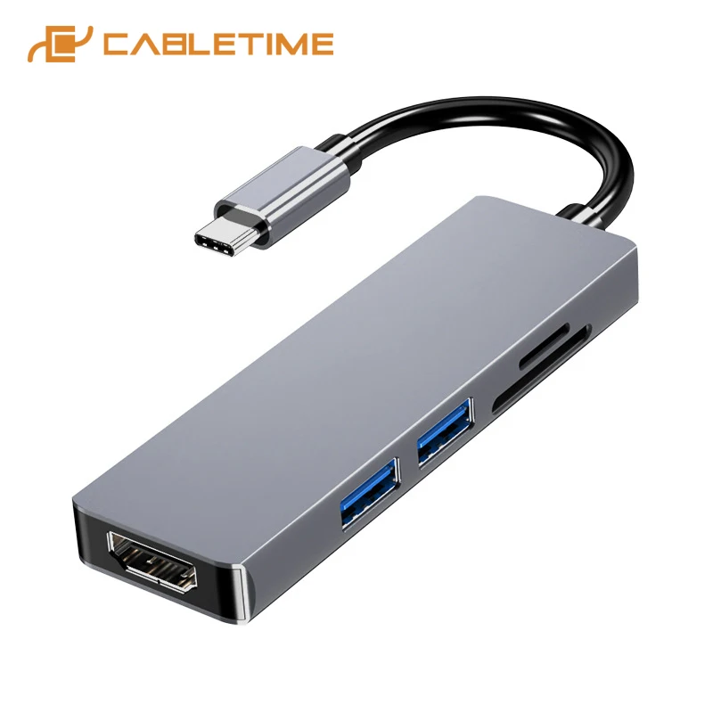 

CABLETIME Type C HUB to 4K HDMI USB3.0 Data SD TF Fast Reading Sliver Adapter for PC Matebooke X Macbook Air Multi HUB C300
