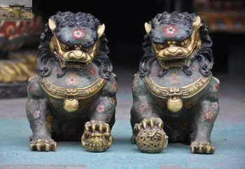 

christmas 10"Chinese Feng Shui Bronze Cloisonne enamel Foo Dog Door lion Beast Statue Pair halloween