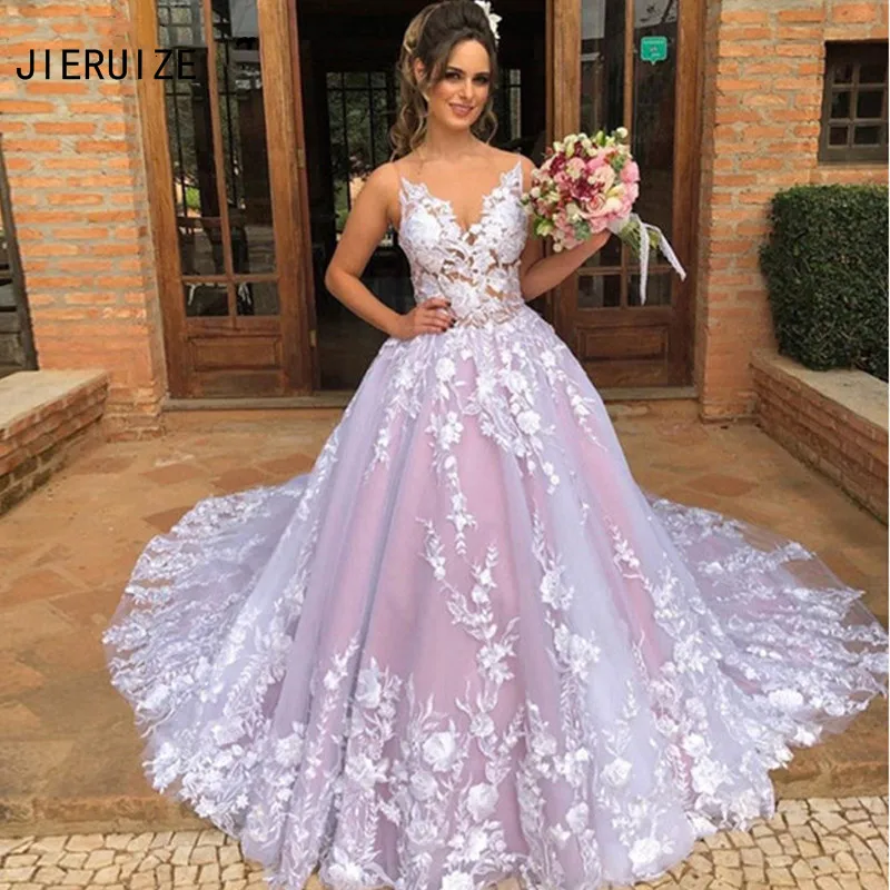 JIERUIZE robe de marieue, сексуальные свадебные платья на тонких бретельках, прозрачные пуговицы на спине, кружевные аппликации, Boho Garden, свадебные платья