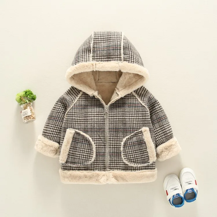 Winter Girls Hooded Clothes Plus Velvet Thick Korean Baby Thick Fur Collar Plaid Warm Jacket Baby Boy Jacket