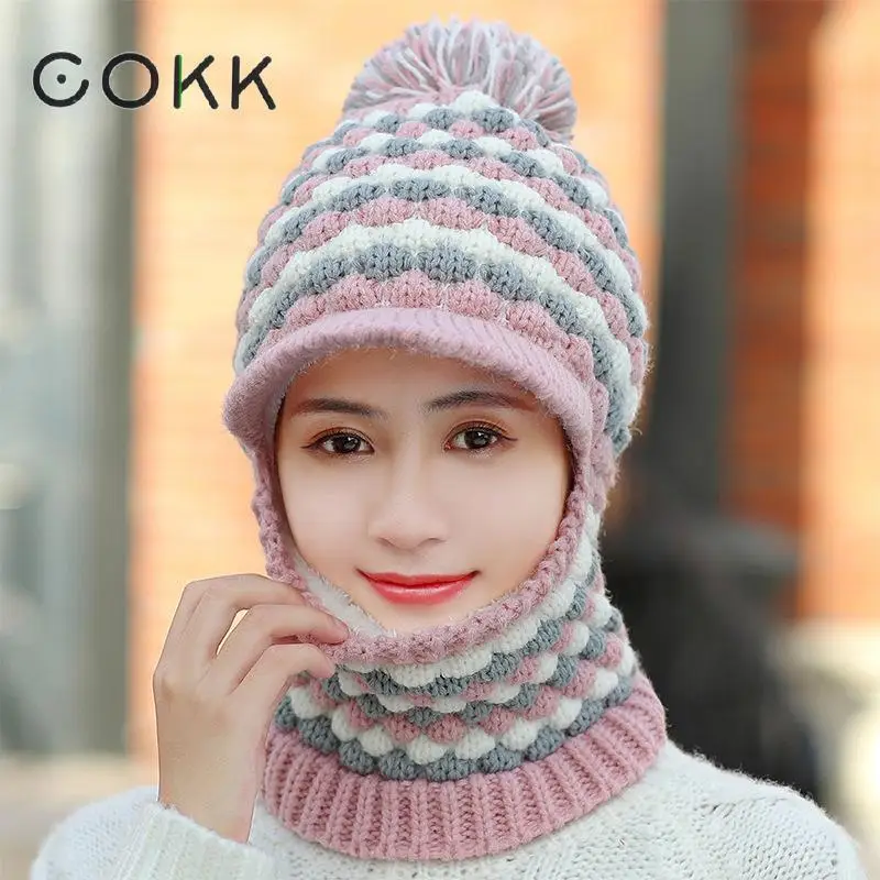 

COKK Winter Hats For Women Beanie Bonnet Ear Protect Hat Female Stretch Hat Windproof Collar Thick Velvet Knit Cap With Pompom