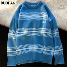 

DUOFAN Autumn Winter Casual Women's Green Sweaters Loose O-neck Striped Pullovers Office Knitted Tops Couple Sweater