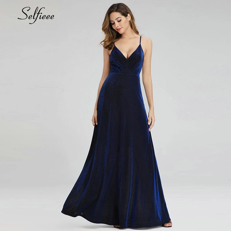 

Sparkle Sapphire Blue Maxi Dresses A-Line V-Neck Backless Spaghetti Straps Elegant Summer Dresses For Party Jurken Zomer 2019
