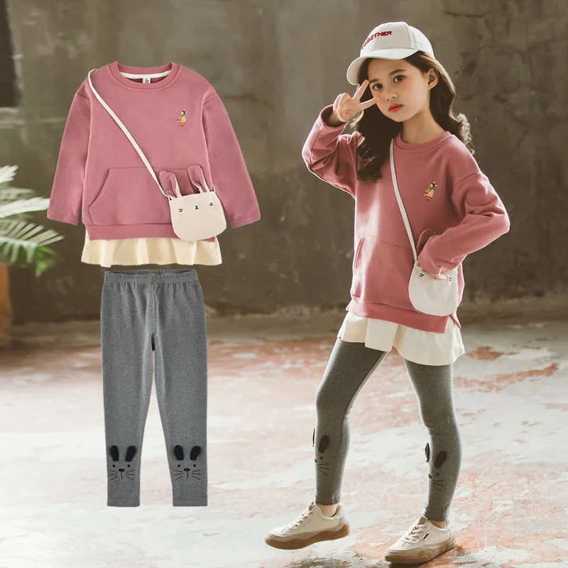 

Girls Spring Clothing 20 New Style Korean-style Big Kid Versatile Joint T-shirt Leggings Set with Satchel 1803c-1095