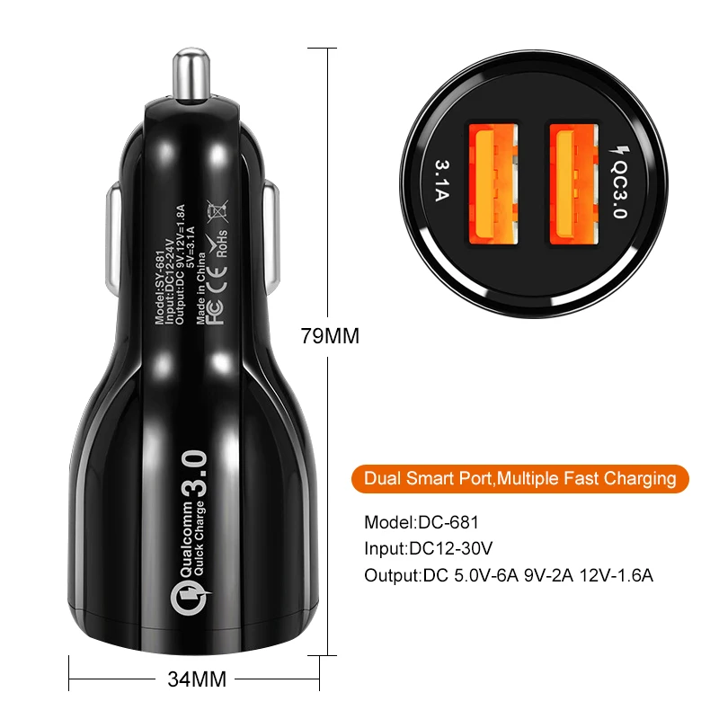 Быстрая зарядка 3,0 Автомобильное зарядное устройство двойной USB порт быстрое автомобильное зарядное устройство адаптер автомобильного прикуривателя для Xiaomi iPhone samsung планшет