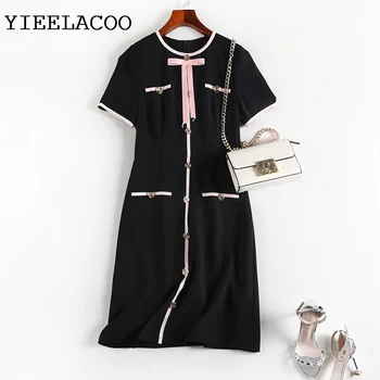 

Summer Large Size Dress Black Slim Short-Sleeved 2020 New Chiffon Dress Mid-Length with Thin Elegant Office Dress