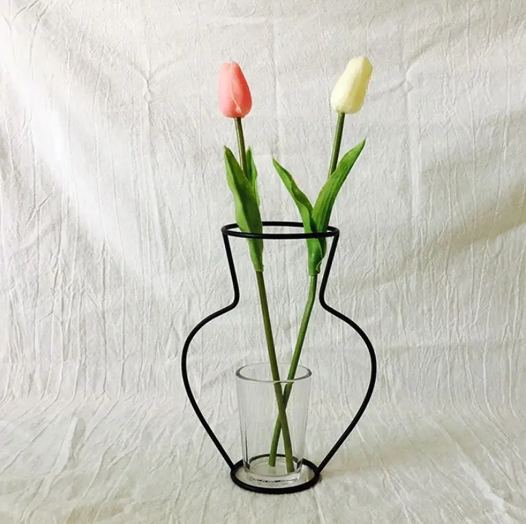 Metal Vase Abstract Black Lines Minimalist Nordic Flower Home Decor Ornaments 