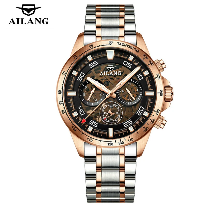 AILANG Black Steel Men Sports Watch Automatic Mechanical Military Watches Man Clock High Quality Men's Watch Reloj Hombre