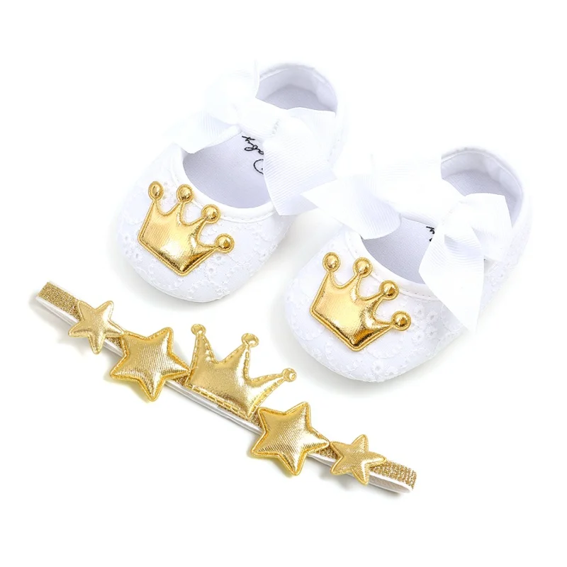 1Cute Baby Girl Shoes Set 0-18M Infants Crown Bow Princess Shoes Headwear Headband Photography Props Set