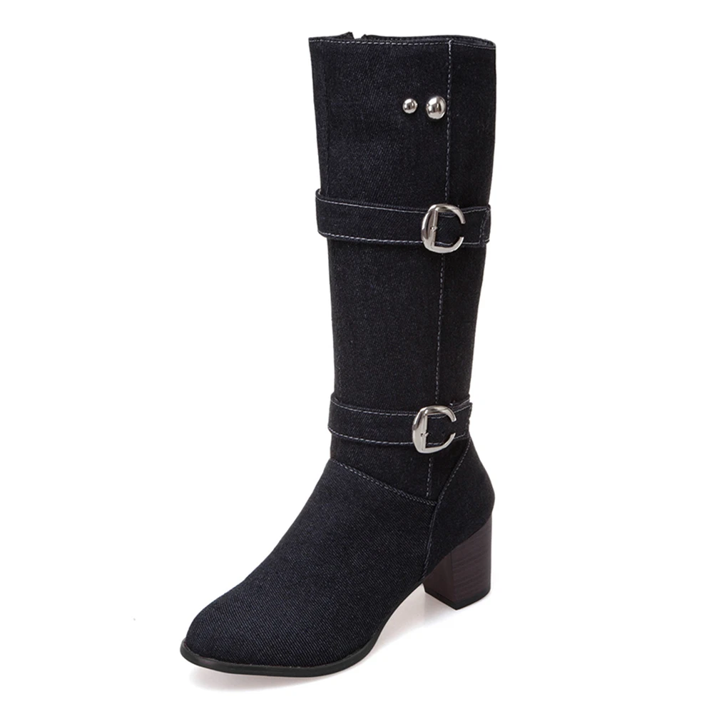 KARINLUNA/Новые модные осенне-зимние ботинки на меху размера плюс 34-48 женская обувь женские ботинки до середины икры на не сужающемся книзу массивном каблуке на молнии - Цвет: black