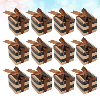

50pcs Stripe Design Creative Candy Box Storage Case Gift Boxes Party Favors with Brown Ribbon for Wedding