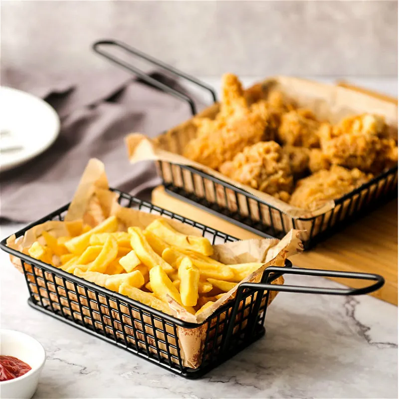 

French Fries Fast Food Baskets Organizer Metal Frying Net Square Block Food Tray Storage Box Bread Hamburger Holder Stand Basket