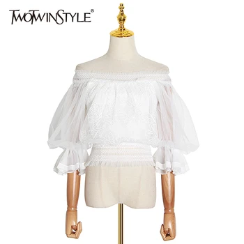 

TWOTWINSTYLE Elegant Patchwork Ruffles Blouse Female Slash Neck Lantern Three Quarter Sleeve Loose Tunic Embroidery Shirt Female