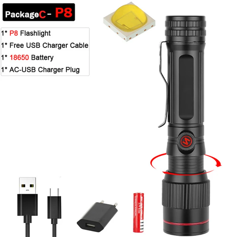 Package C Самый яркий Перезаряжаемый светодиодный светильник-вспышка XHP90 XHP70.2, супер мощный фонарь, водонепроницаемый охотничий светильник с зумом, аккумулятор 18650 26650 - Испускаемый цвет: Package C