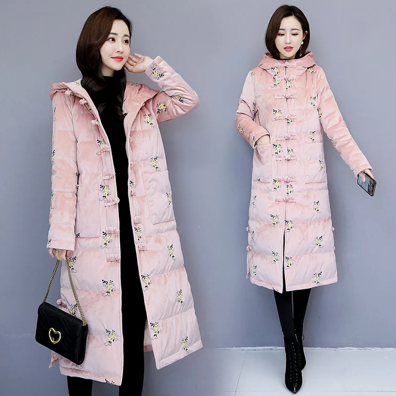 

Real Shot 2018 New Women's Gold Velvet Winter Mid-Length down Padded National Slim-Fit Hooded Embroidered Cotton Jacket Women's