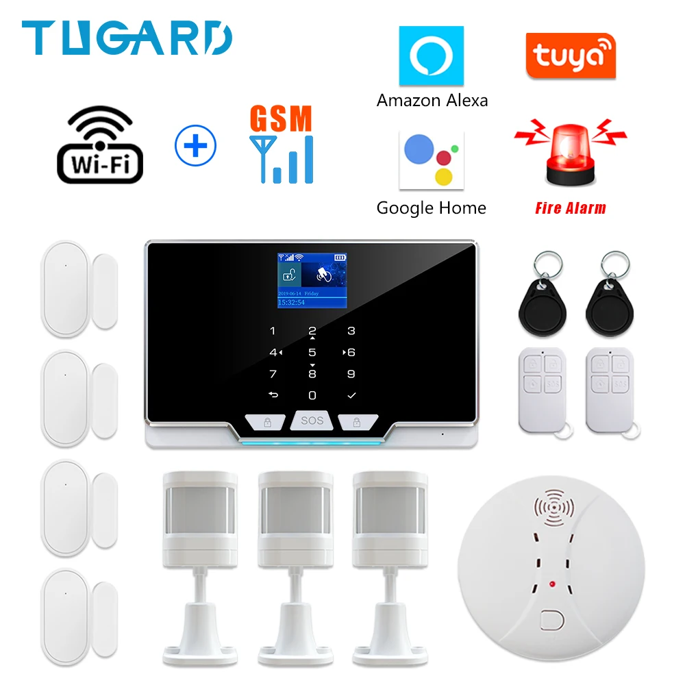 

TUGARD WIFI GSM Home Alarm House Burglar Security System Fire Smoke Alarm System Kit with 110dB Wireless Smoke Detector