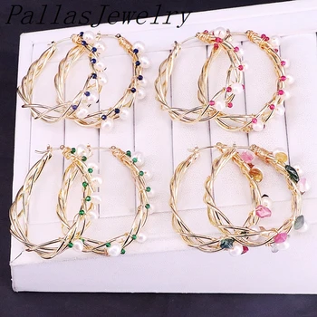 

Hot 5Pair Colorful amazing big ear ring handmake wire wrapped women pearl hoop earrings for gift with elegant beauty stone pearl