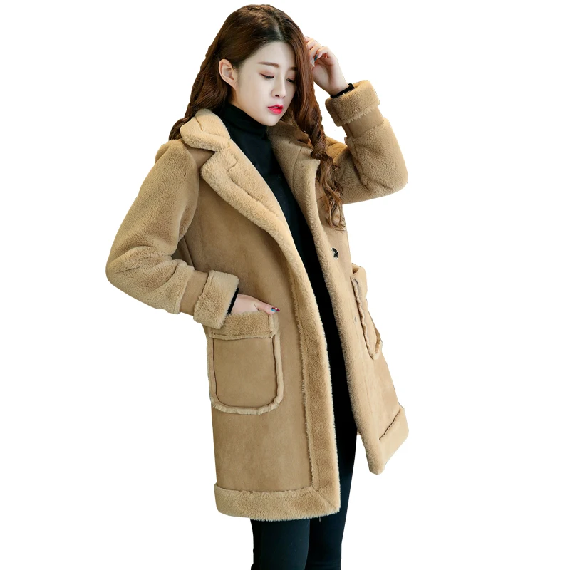 

Faux Sheepskin coat Lambs Wool Coat Female Long Thick Warm Shearling Coats Suede Leather Jackets Autumn Winter Female Outerwear