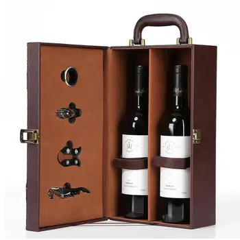 

Portable Wine Carrier Leather Red Wine Storage Box With Handle 4PCS Wine Accessory Set For Travel Picnics Whiskey Packing Box