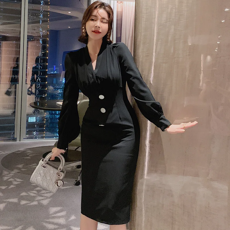 

High End Vintage Long Sleeve V Neck Women's Dresses Autumn Patchwork Chiffon Wrap Bodycon for Women Party Night Dress Vestidos