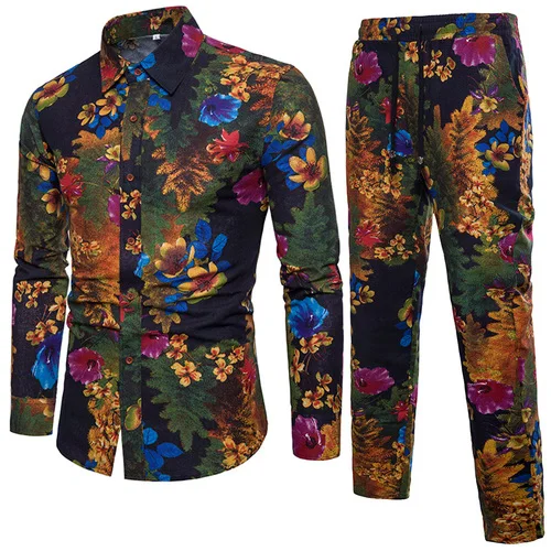 Новое поступление, мужские рубашки, набор, топ+ штаны, повседневные рубашки, костюмы, однобортные, цветочный принт, для отдыха, пляжа, большие размеры, M-5XL - Цвет: A013