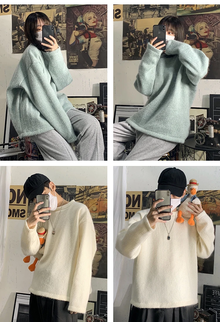 Зимний мужской свитер, теплый, модный, однотонный, Повседневный, круглый вырез, свитер, пуловер, мужской, дикий, свободный, пара, с длинным рукавом, свитер, одежда