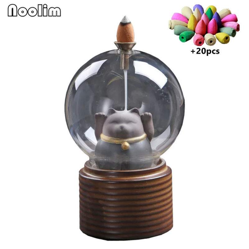 

Creative Ceramic Cute Cat Backflow Incense Burner With Round Cover Incense Cones Holder Aromatherapy Furnace + 20pcs Cones