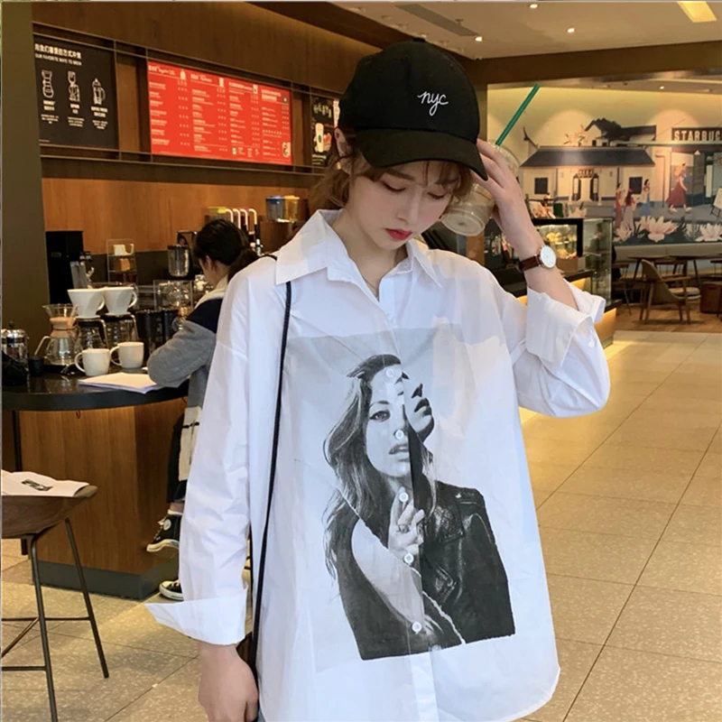 Весна лето женские блузки BF стиль свободные рубашки Harajuku уличная одежда с принтом персонажа длинный рукав блузки рубашки женские