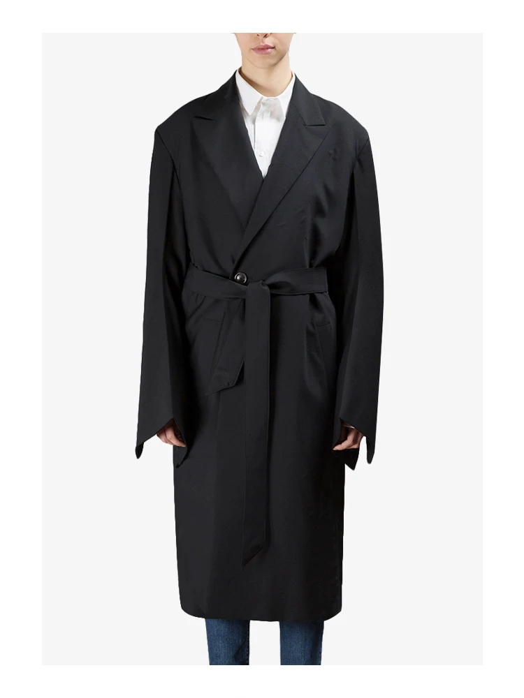 

Men and women loose waist big profile long black wool coat drop shoulder wide sleeve autumn and winter windbreaker
